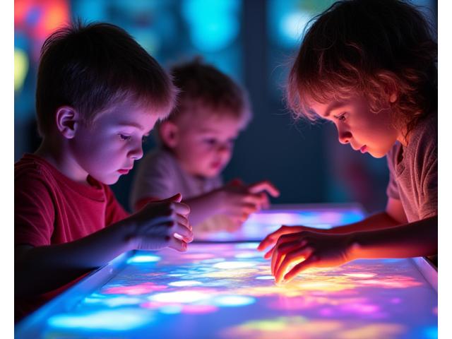 Enfants expérimentant avec la lumière et les couleurs dans un atelier scientifique créatif