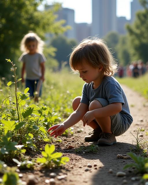 Enfants créant du land art urbain et des herbiers artistiques