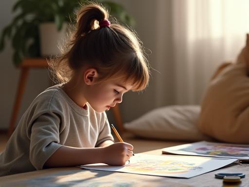 Enfant exprimant ses émotions à travers l'art dans un espace calme et bienveillant