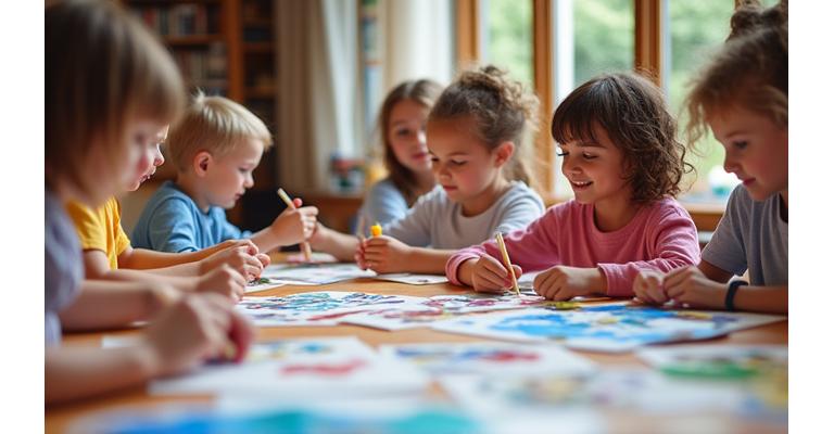 Enfants participant à un atelier de peinture et collage créatif
